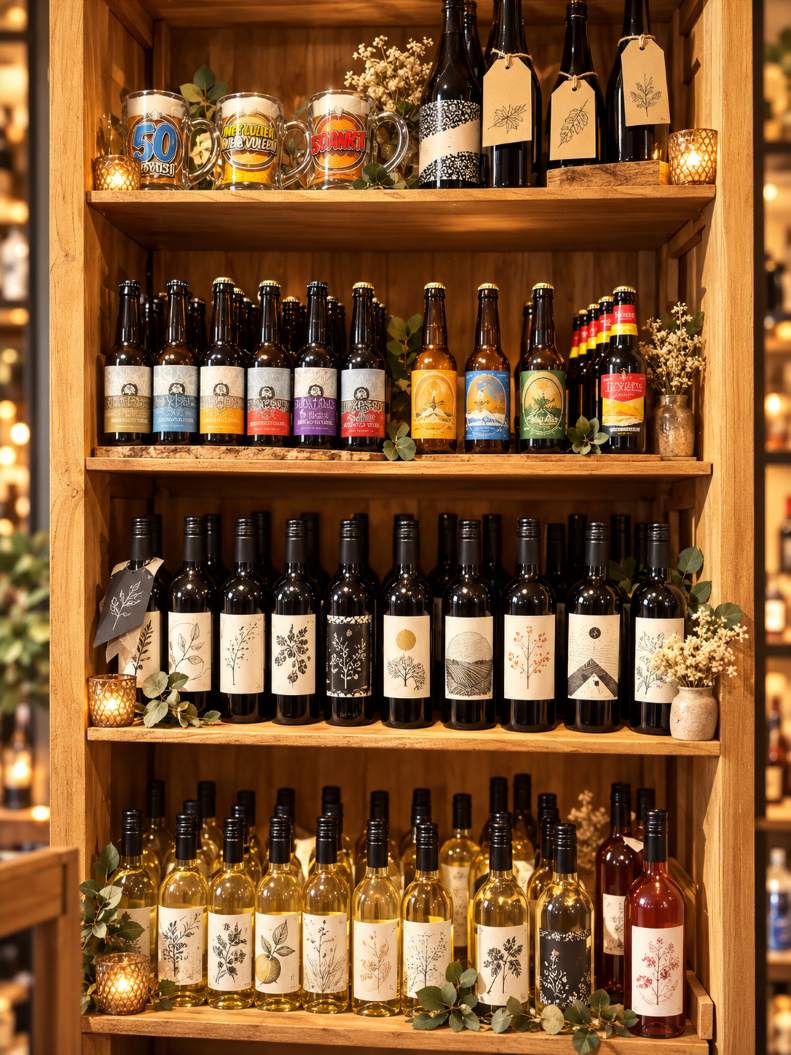 Kast met speciaalbier en wijn voor cadeaupakketten