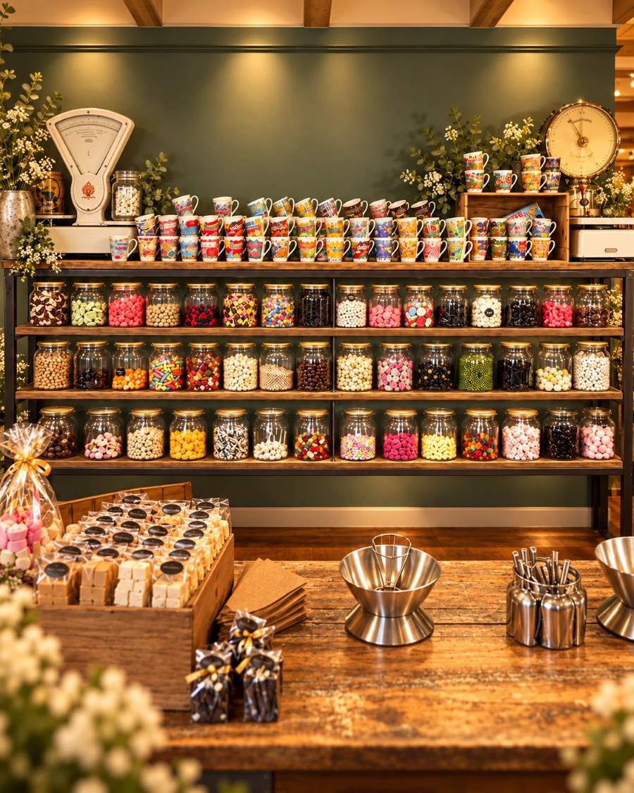 Snoepkast met glazen potten, oude weegschalen en een houten toonbank