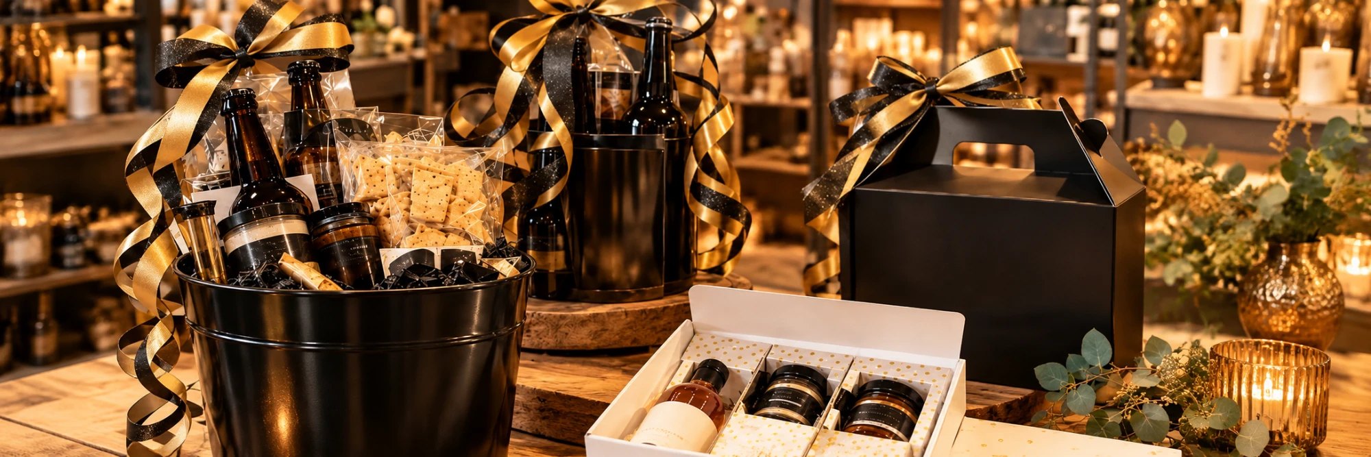 Cadeaupakketten met bier, lekkers en potjes in een zwarte emmer, cadeaudoos en geschenkverpakking met zwart-gouden lint