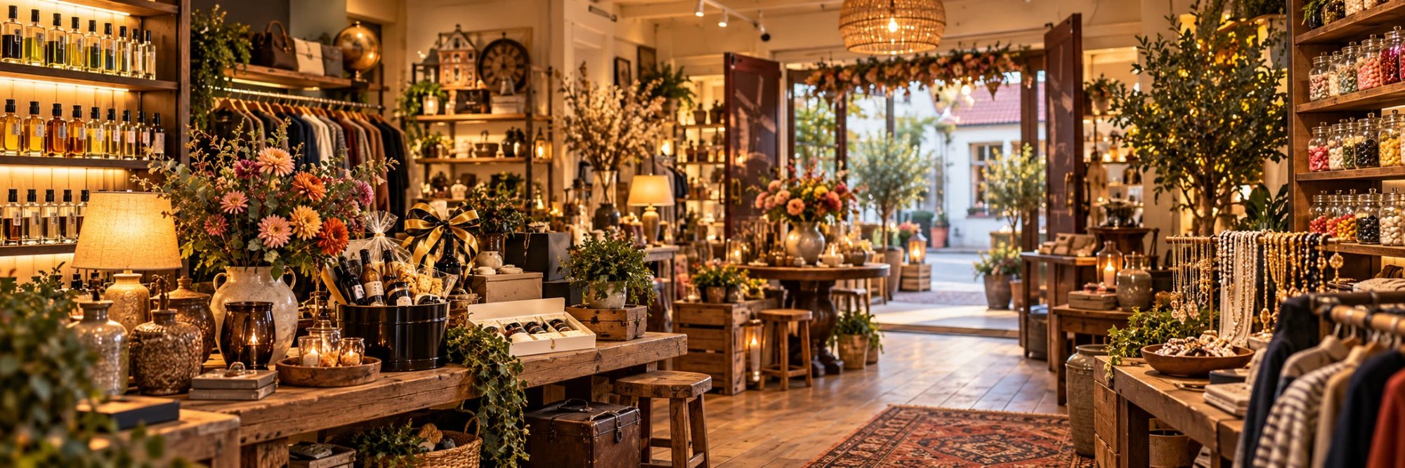 De winkel van binnen: tapparfum, cadeaupakketten, bloemen, kleding, sieraden en snoeppotten, met de open deuren naar de straat