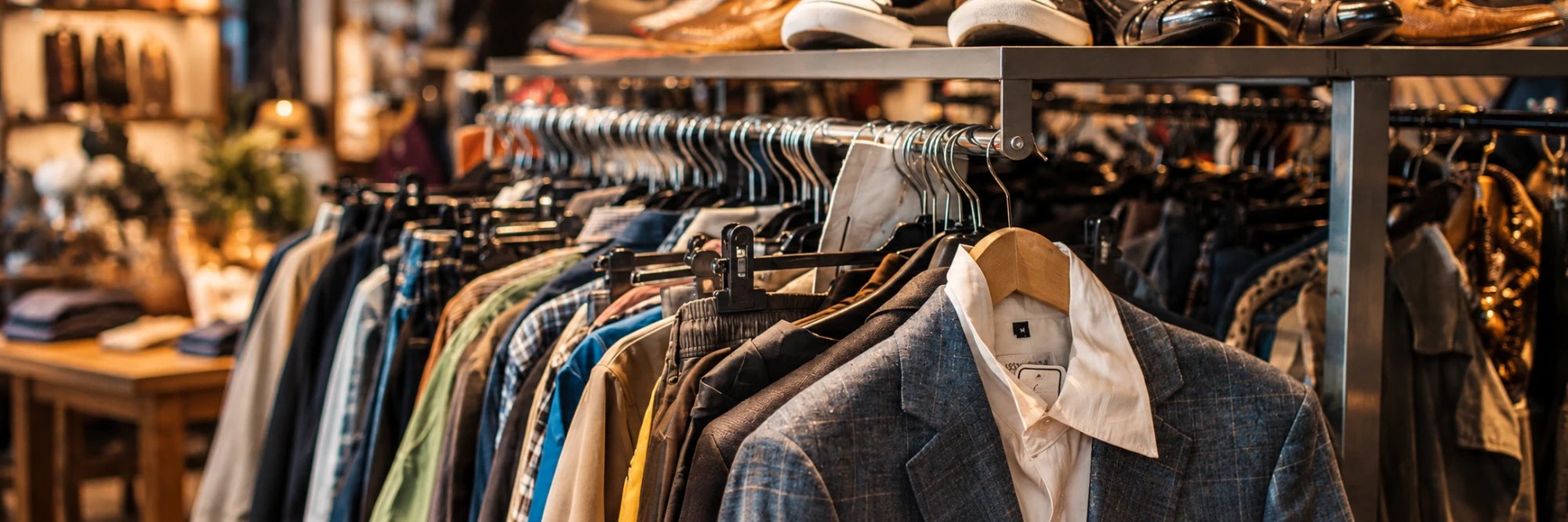 Kledingrek met colberts, overhemden en jasjes, met schoenen op de plank erboven