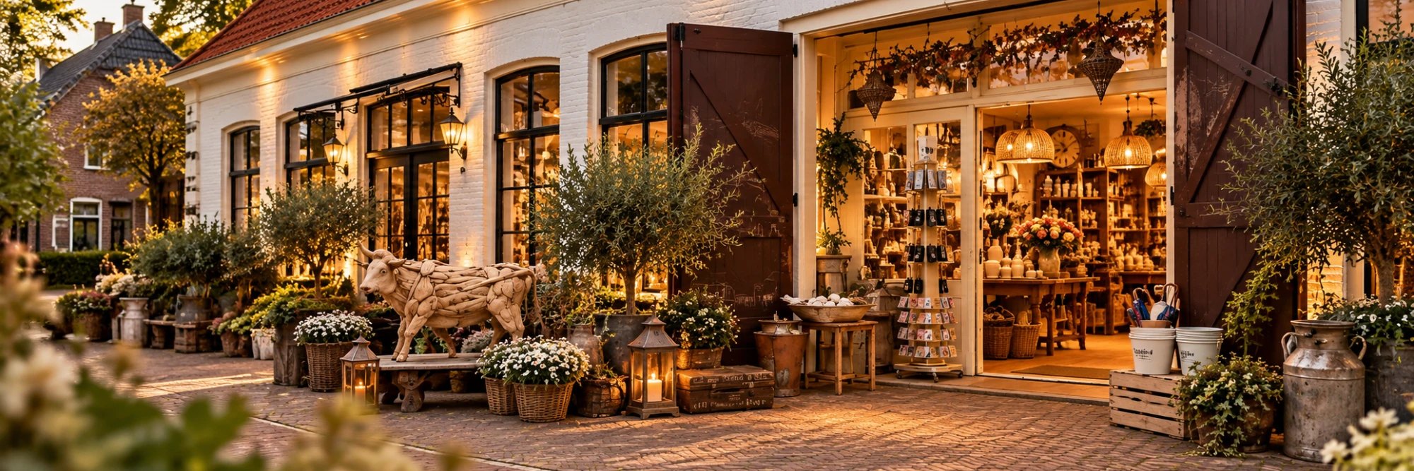 De gevel van Pakhuus Wonen & Kado met open staldeuren, de houten koe en planten op de stoep