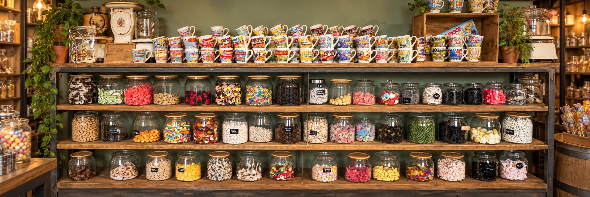 Lange houten kast vol glazen snoeppotten met ouderwets schepsnoep, met vrolijke bekers erboven
