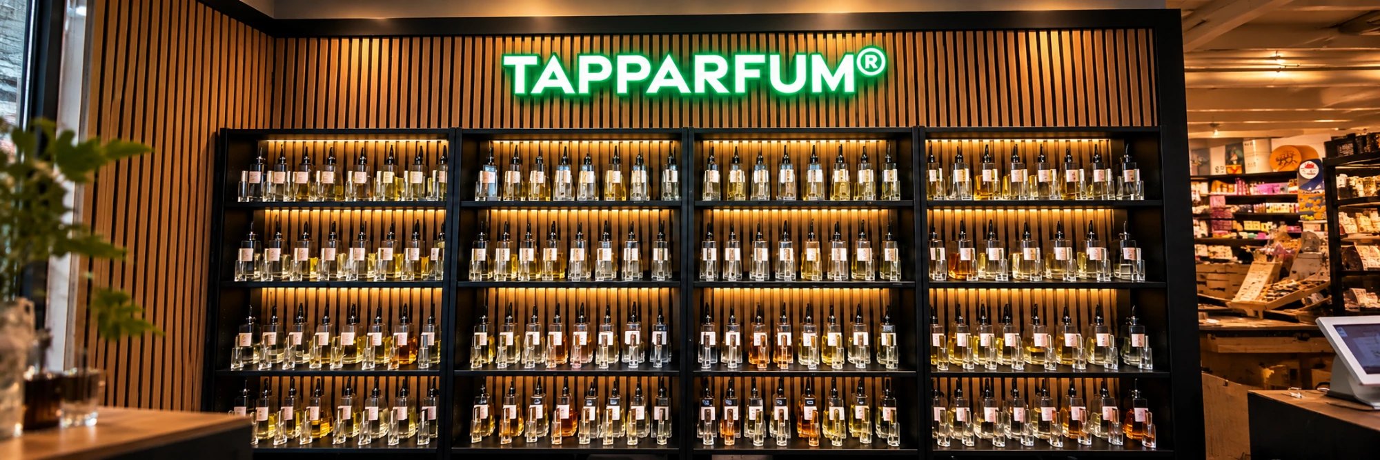 Wand met verlichte kasten vol tapparfum en groene TAPPARFUM-lichtreclame in Pakhuus Wonen & Kado