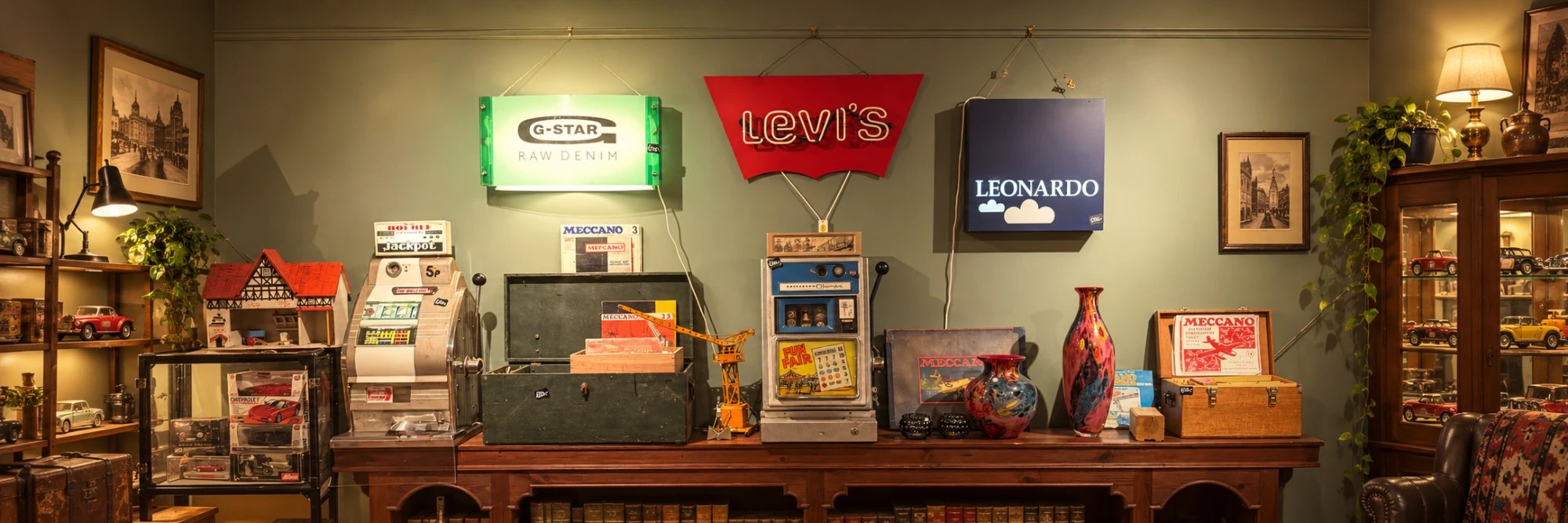 Vintage hoek met oude lichtreclames, gokkasten, Meccano-dozen en glazen vazen
