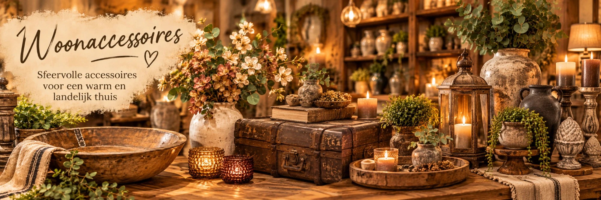 Woonaccessoires: vaas met bloemen, oude koffer, lantaarn, kaarsen en kruiken voor een warm en landelijk thuis