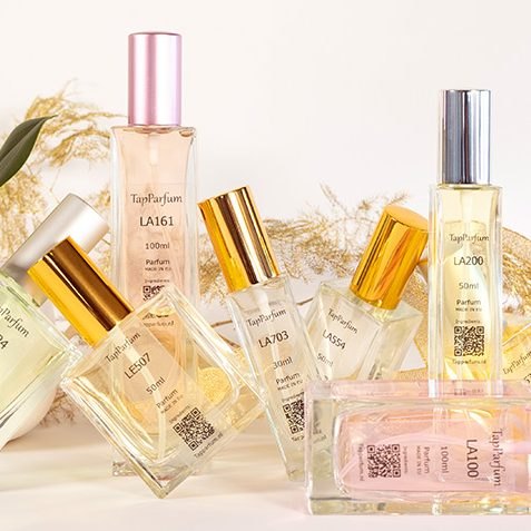 Verschillende TapParfum-flesjes van 30, 50 en 100 ml met roze, zilveren en gouden doppen
